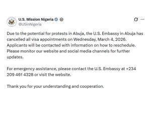 US Embassy postpones visa over Abuja protest