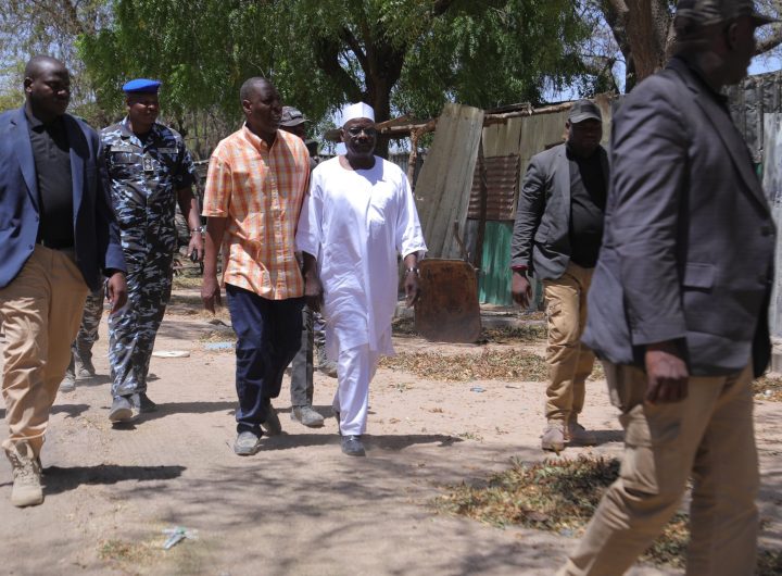 Borno State Governor, Babagana Zulum alongside Senator Ali Ndume, during a visit to Ngoshe. Photo credit: