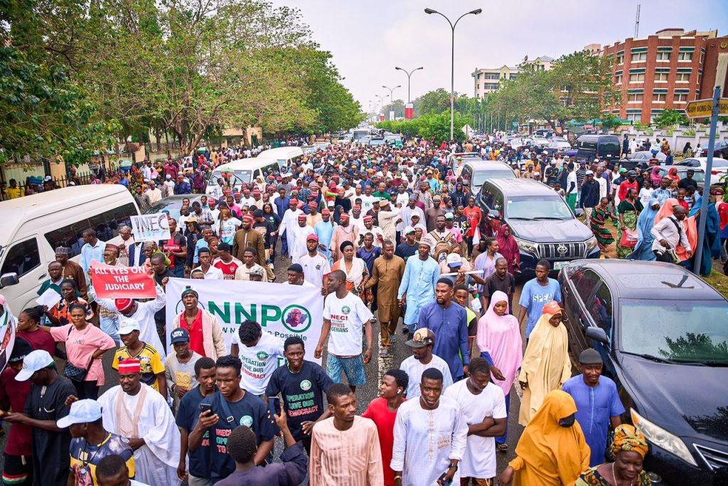 Atiku, Obi, Kwankwaso lead opposition protest in Abuja, demand INEC recognize David Mark-led ADC leadership 5 ADC protest at inec headquarters Abuja