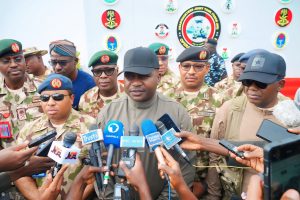 Defence minister Christopher Musa addressing newsmen