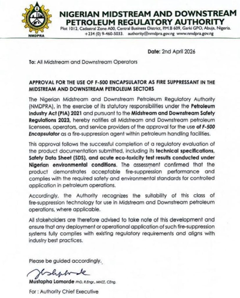 NMDPRA approves F-500 Encapsulator Agent for oil depots, pipelines with strict three-year terms 3 Memo