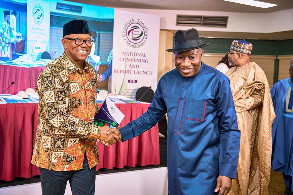 Peter Obi, former President Goodluck Jonathan and other dignitaries during the launch of a landmark report by the Goodluck Jonathan Foundation titled “Strengthening the Nexus Between Democracy and Economic Growth in Nigeria.”