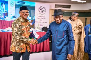 Peter Obi, former President Goodluck Jonathan and other dignitaries during the launch of a landmark report by the Goodluck Jonathan Foundation titled “Strengthening the Nexus Between Democracy and Economic Growth in Nigeria.”