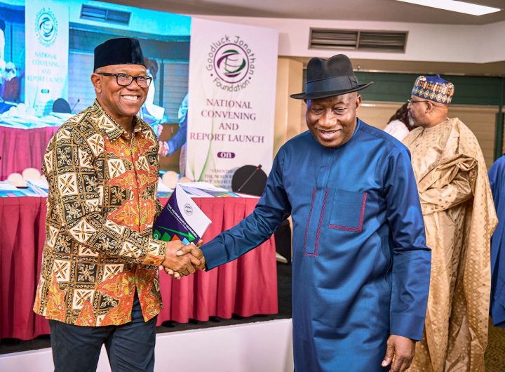 Peter Obi, former President Goodluck Jonathan and other dignitaries during the launch of a landmark report by the Goodluck Jonathan Foundation titled “Strengthening the Nexus Between Democracy and Economic Growth in Nigeria.”