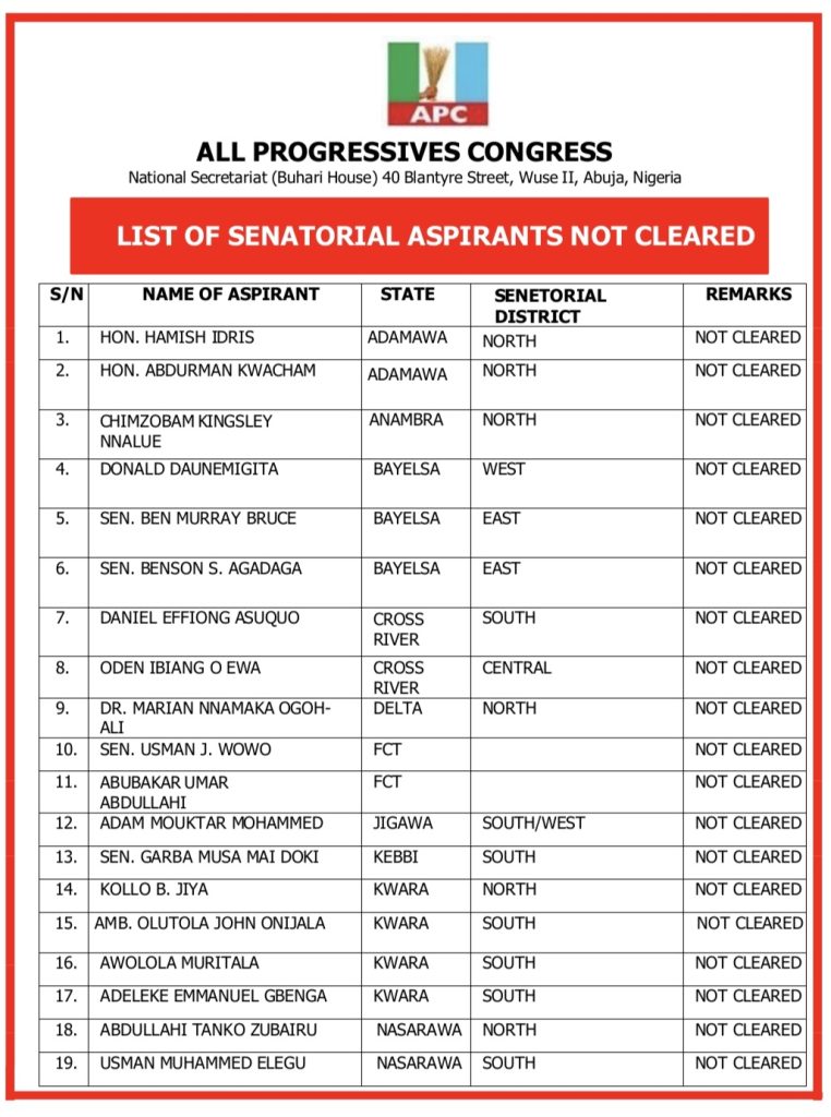 APC releases list of senatorial aspirants not cleared 2 APC uncleared senators
