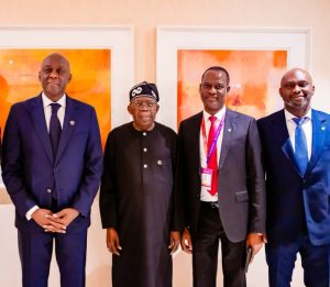 Managing director of the Corporation, Diop Makhtar, during a meeting with Nigeria's President Bola Tinubu on the sidelines of the 13th Africa CEO Summit on Thursday in Kigali, Rwanda