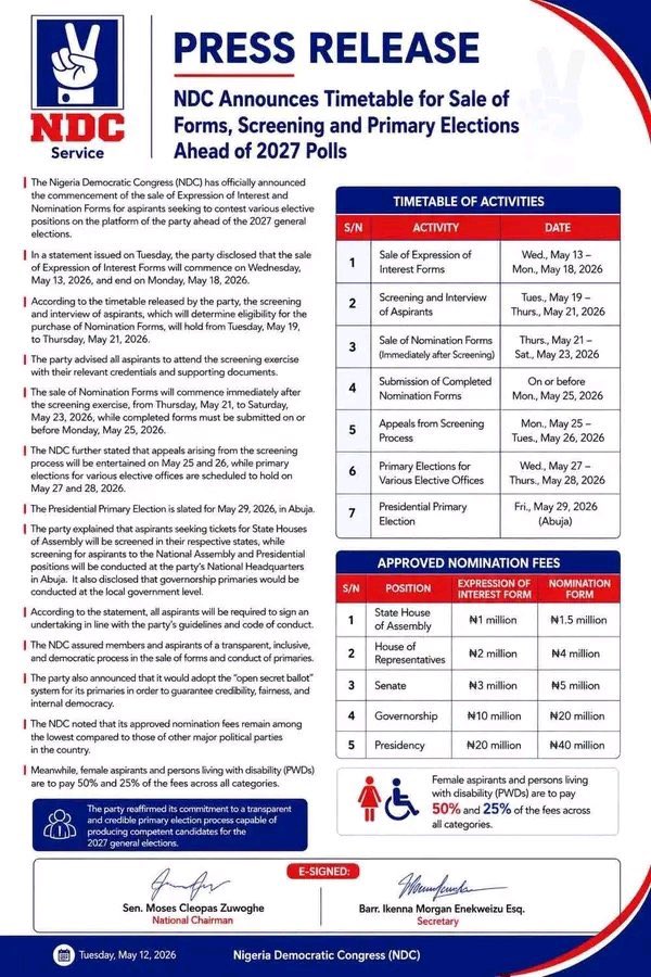 NDC pegs presidential nomination forms at N60m, adopts open secret ballot for 2027 primaries 2 NDC primaries timetable