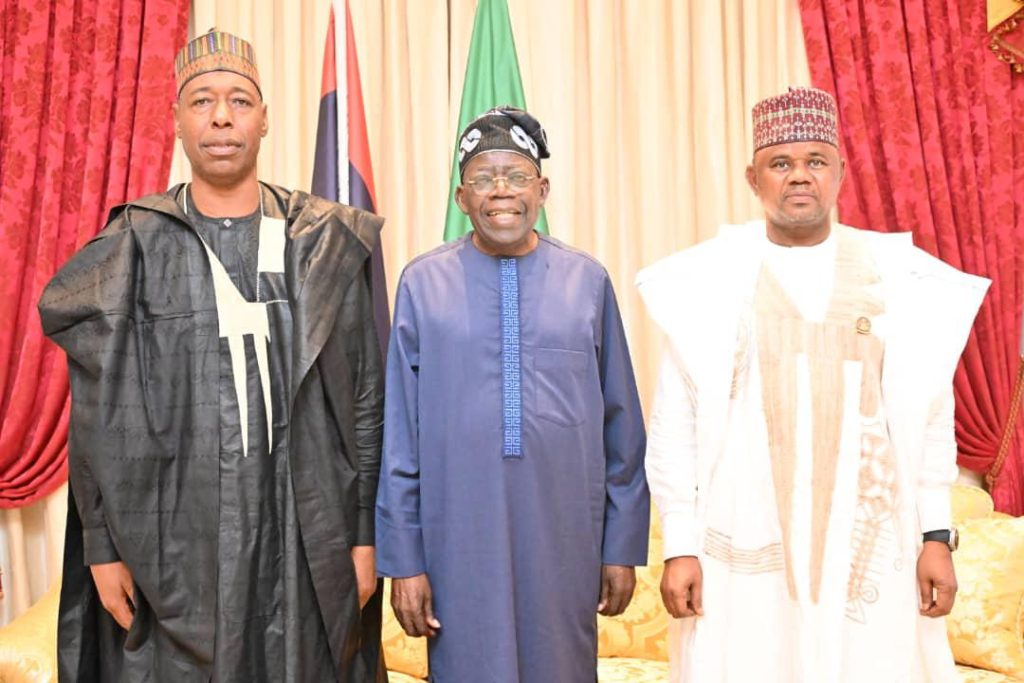 Zulum presents Borno APC governorship candidate Gubio to Tinubu