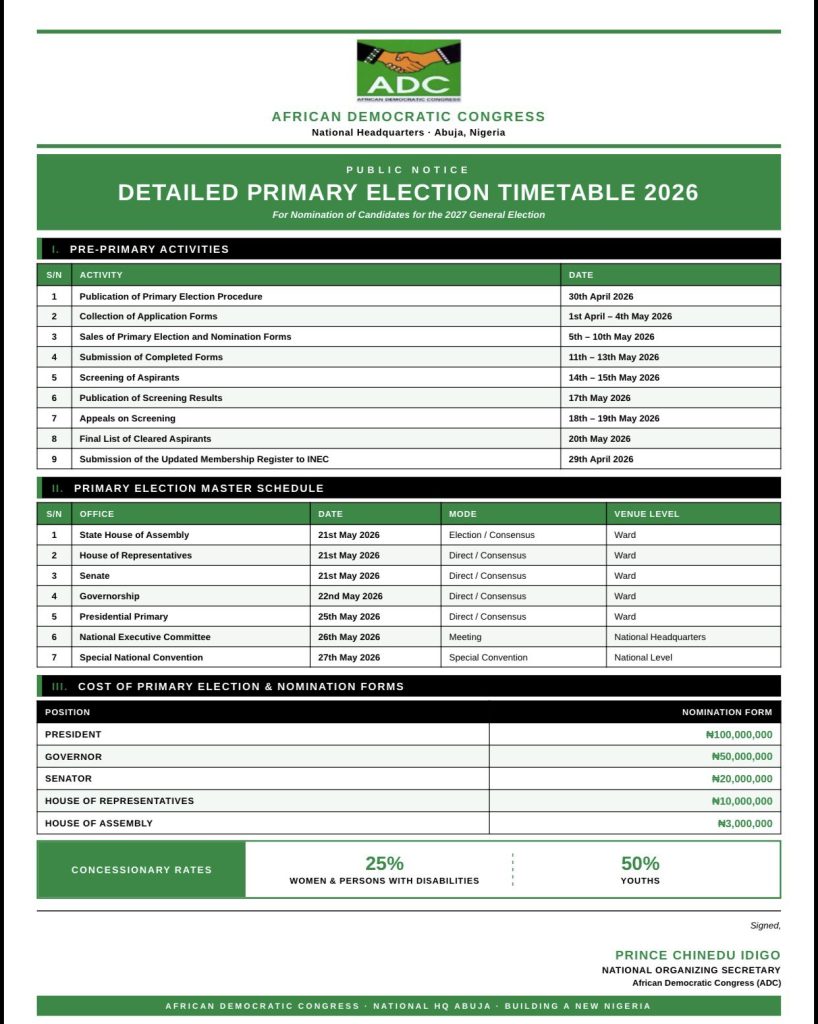 ADC releases timetable for conduct of primary elections 2 ADC releases timetable