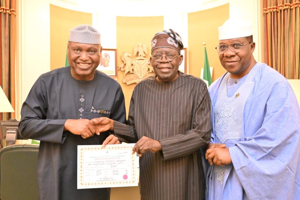 PHOTONews: Ekiti Governor Oyebanji presents certificate of return to Tinubu