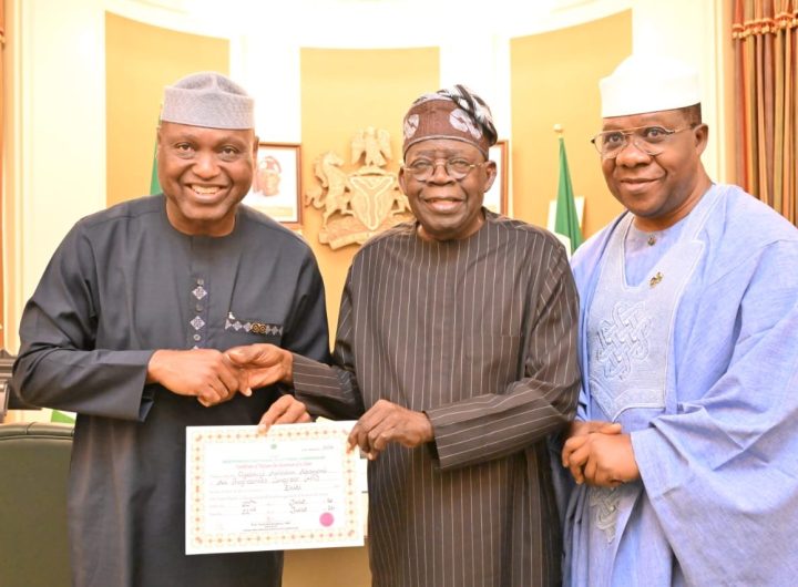 PHOTONews: Ekiti Governor Oyebanji presents certificate of return to Tinubu