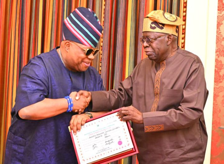 PHOTONews: Adeleke visits Tinubu, presents certificate of return at Aso Villa