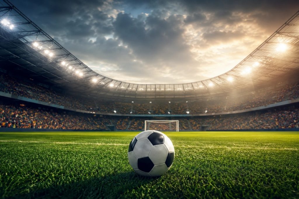Football stadium with ball under dramatic evening lights