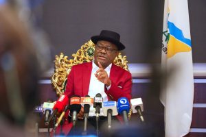 FCT Minister, Nyesom Wike speaking with newsmen during a media chat in Abuja
