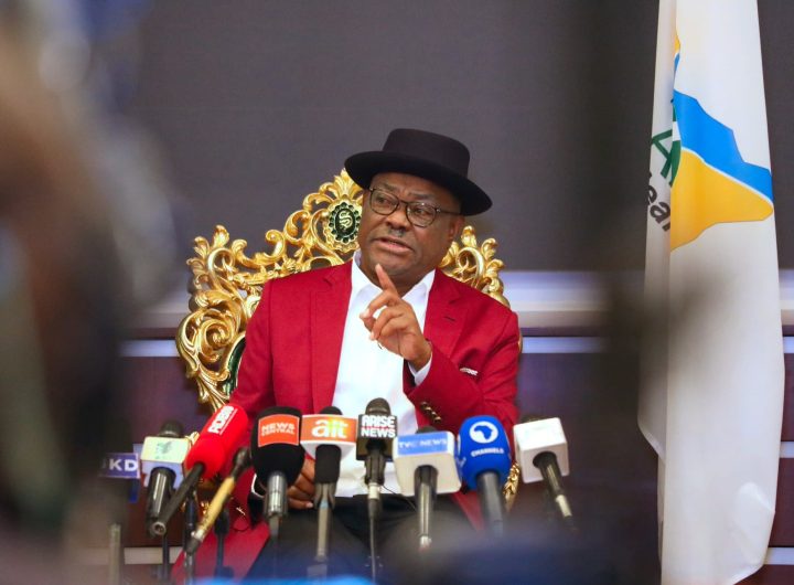 FCT Minister, Nyesom Wike speaking with newsmen during a media chat in Abuja