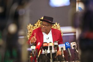 FCT Minister, Nyesom Wike speaking with newsmen during a media chat in Abuja