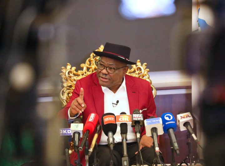 FCT Minister, Nyesom Wike speaking with newsmen during a media chat in Abuja