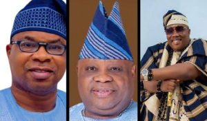 Photo combo of 3 major governorship candidates for Osun election: Incumbent Governor Ademola Adeleke of the Accord Party; Bola Oyebamiji of the All Progressives Congress (APC), and Najeem Salam of the African Democratic Congress (ADC).