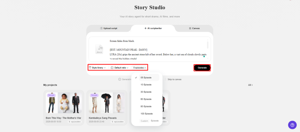 Generate Professional-Grade Assets on Any Budget with Story Studio 6 Story Studio interface for generating professional-grade creative assets on any budget