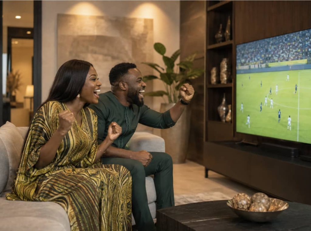 Couple cheering while watching a football match at home.