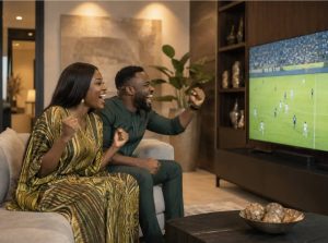 Couple cheering while watching a football match at home.