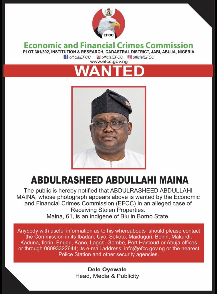 EFCC declares ex-Pension boss Abdulrasheed Maina wanted for allegedly receiving stolen property 2 EFCC declares ex-Pension boss Abdulrasheed Maina wanted for allegedly receiving stolen property