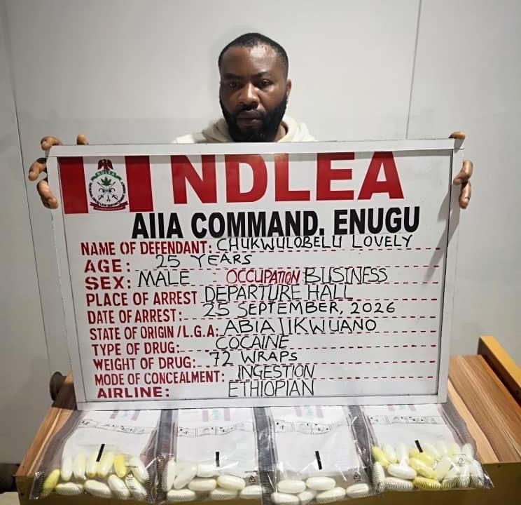 Europe-bound bridegroom excretes 72 wraps of cocaine at Enugu airport