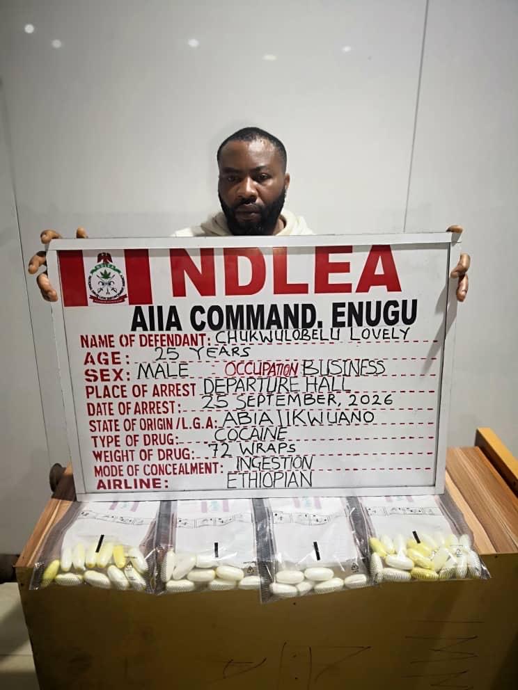 Europe-bound bridegroom excretes 72 wraps of cocaine at Enugu airport
