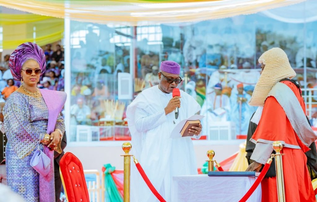 Shettima to Governor Oyebanji: Raise public service bar, don't fail Ekiti people 2 Ekiti State Governor, Abiodun Oyebanji taking his oath of office during his second-term inauguration in Ado-Ekiti